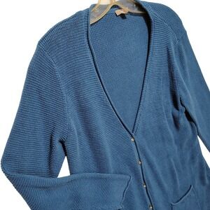 J Jill Women's Cardigan Sweater Teal‎ Blue 100% Cotton Knit Pockets Large L